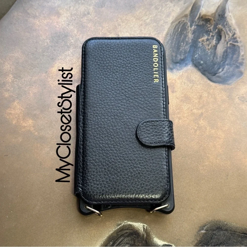 NEW Bandolier Black Leather FOLIO 12& Pro Gold iPhone Crossbody Purse CASE STRAP